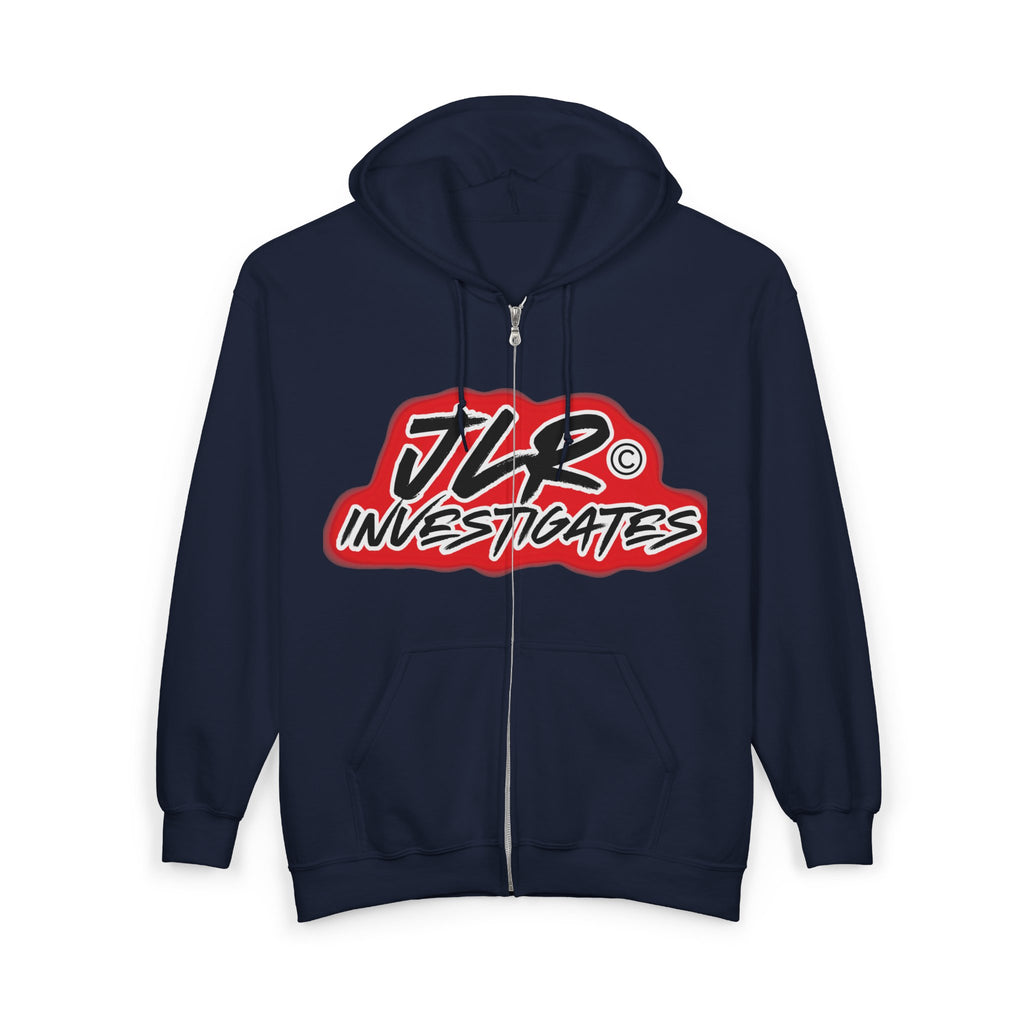JLR© Investigates Navy Blue  zip-up hoodie with bold red and white logo graphic on chest — front view