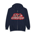 JLR© Investigates Navy Blue  zip-up hoodie with bold red and white logo graphic on chest — front view