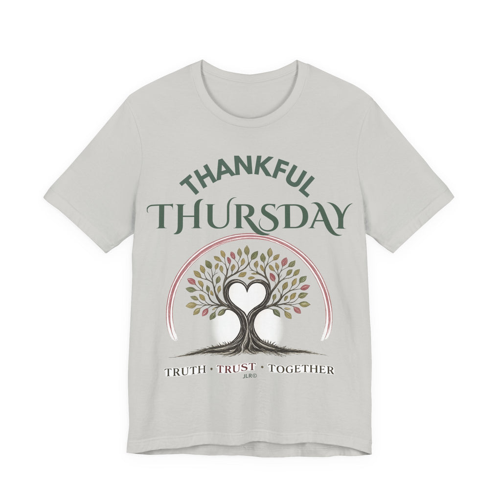 Grey unisex Thankful Thursday t-shirt with tree of life heart graphic and Thankful Thursday text