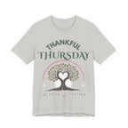 Grey unisex Thankful Thursday t-shirt with tree of life heart graphic and Thankful Thursday text