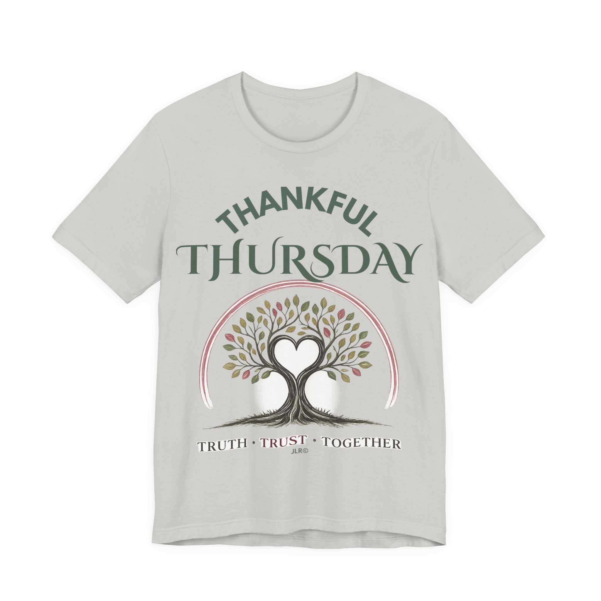 Grey unisex Thankful Thursday t-shirt back view with tree of life heart graphic and Thankful Thursday text