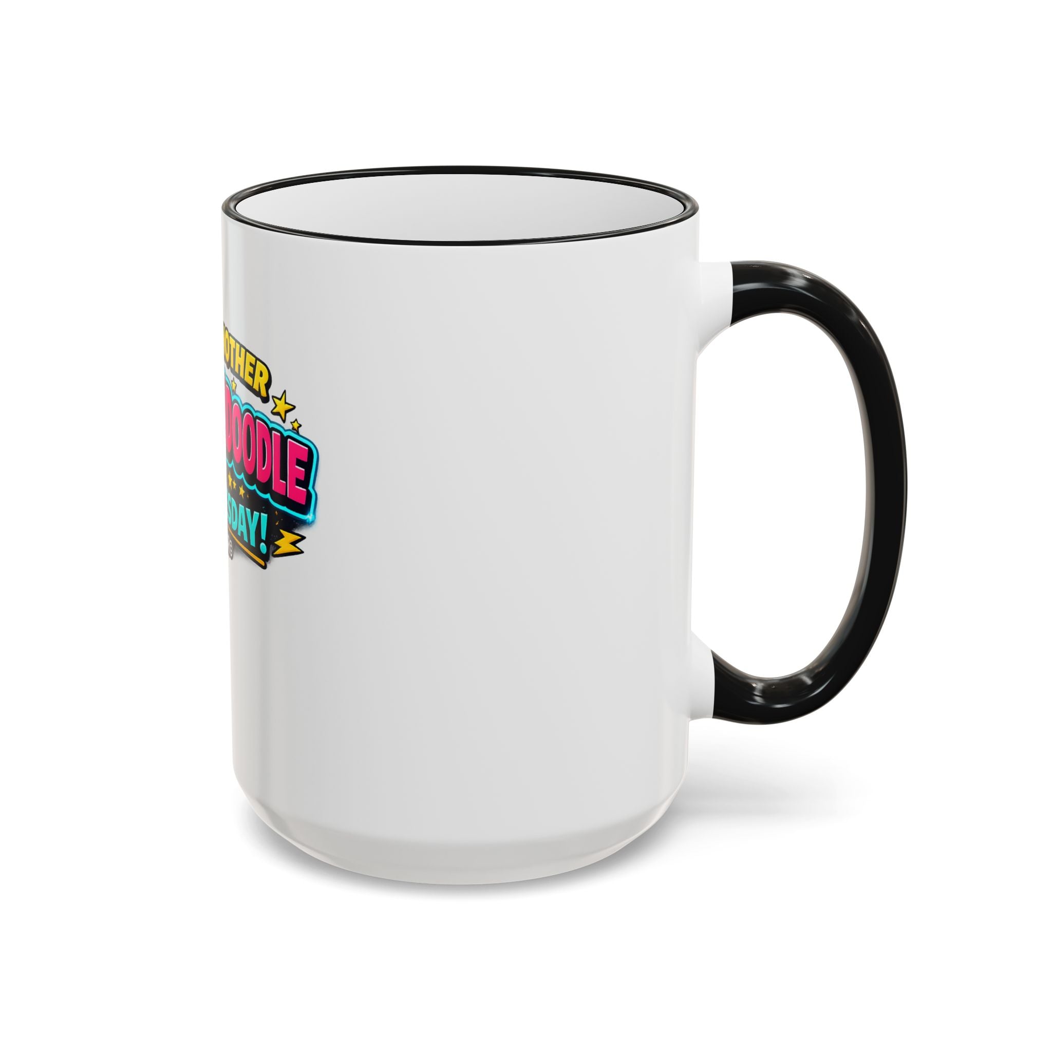 Whackadoodle Wednesday 15oz white ceramic coffee mug with black rim and handle and bold graphic print — JLR Investigates