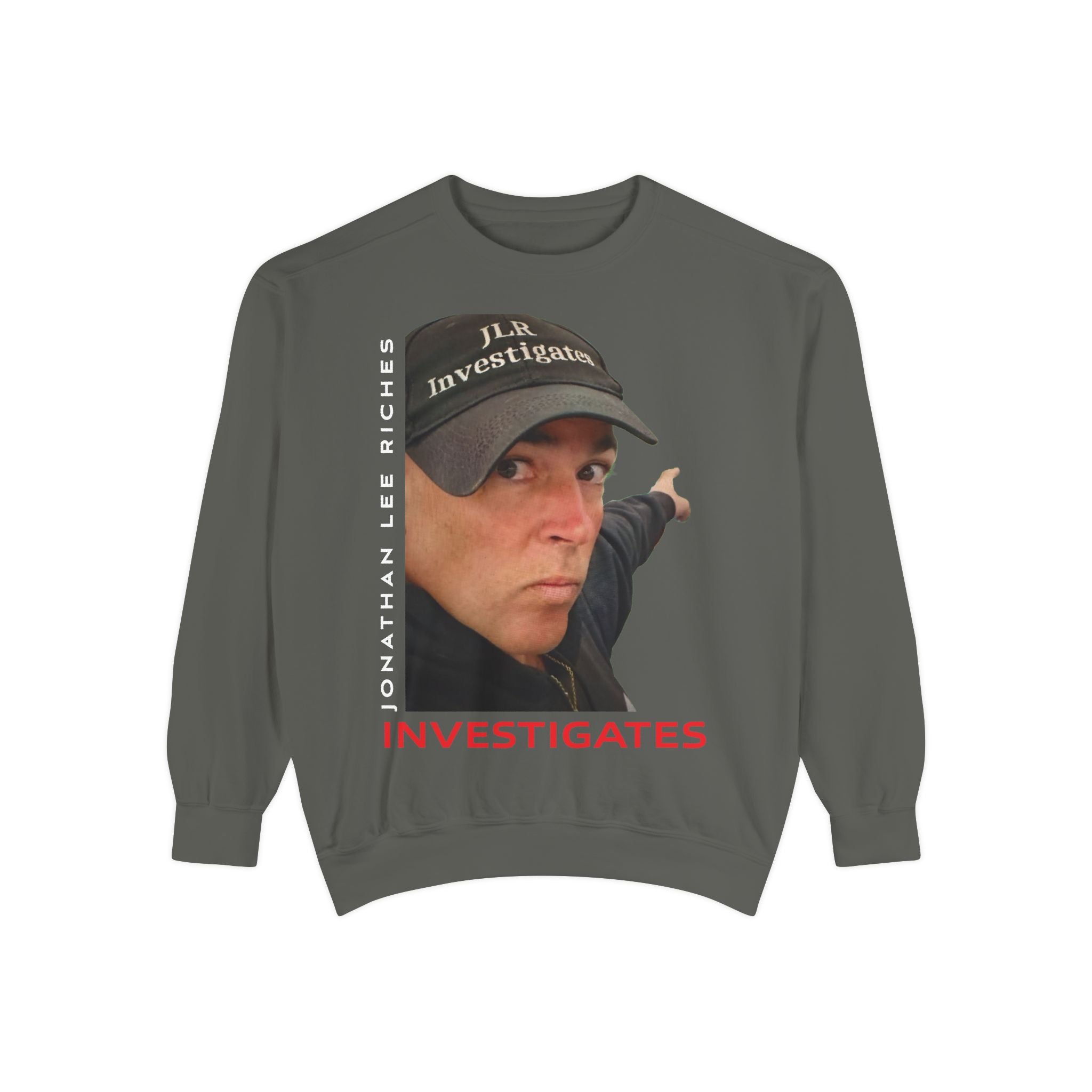 Jonathan Lee Riches Investigates Portrait Sweatshirt — "Investigates" Graphic Crewneck