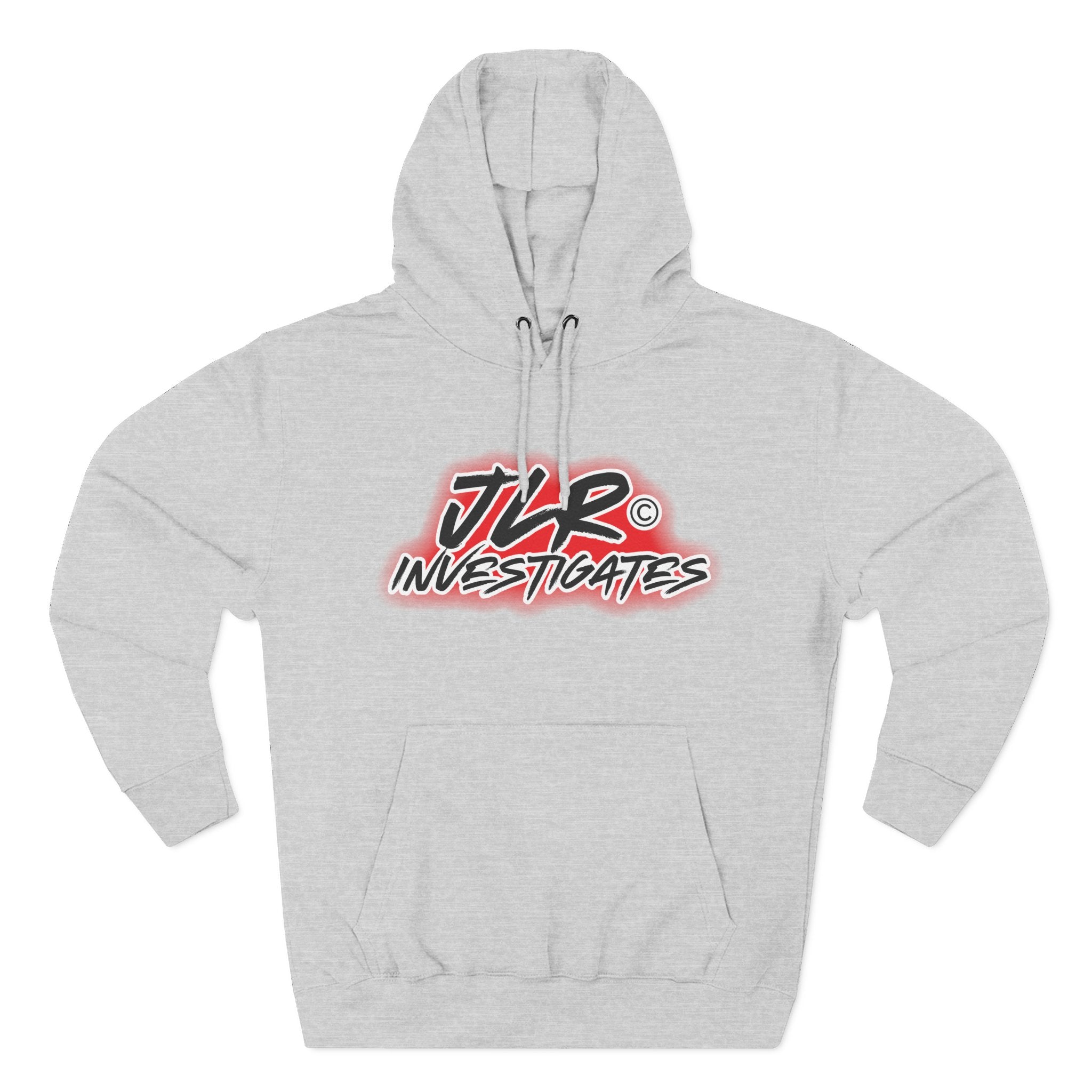 JLR© Bold Logo Hoodie in Heather Grey — graffiti-style JLR Investigates graphic on a pullover hoodie with kangaroo pocket and adjustable drawstring hood
