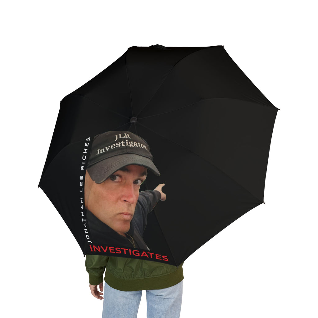 Investigator Portrait Foldable Umbrella — 'Investigates' Printed Compact Rain Umbrella