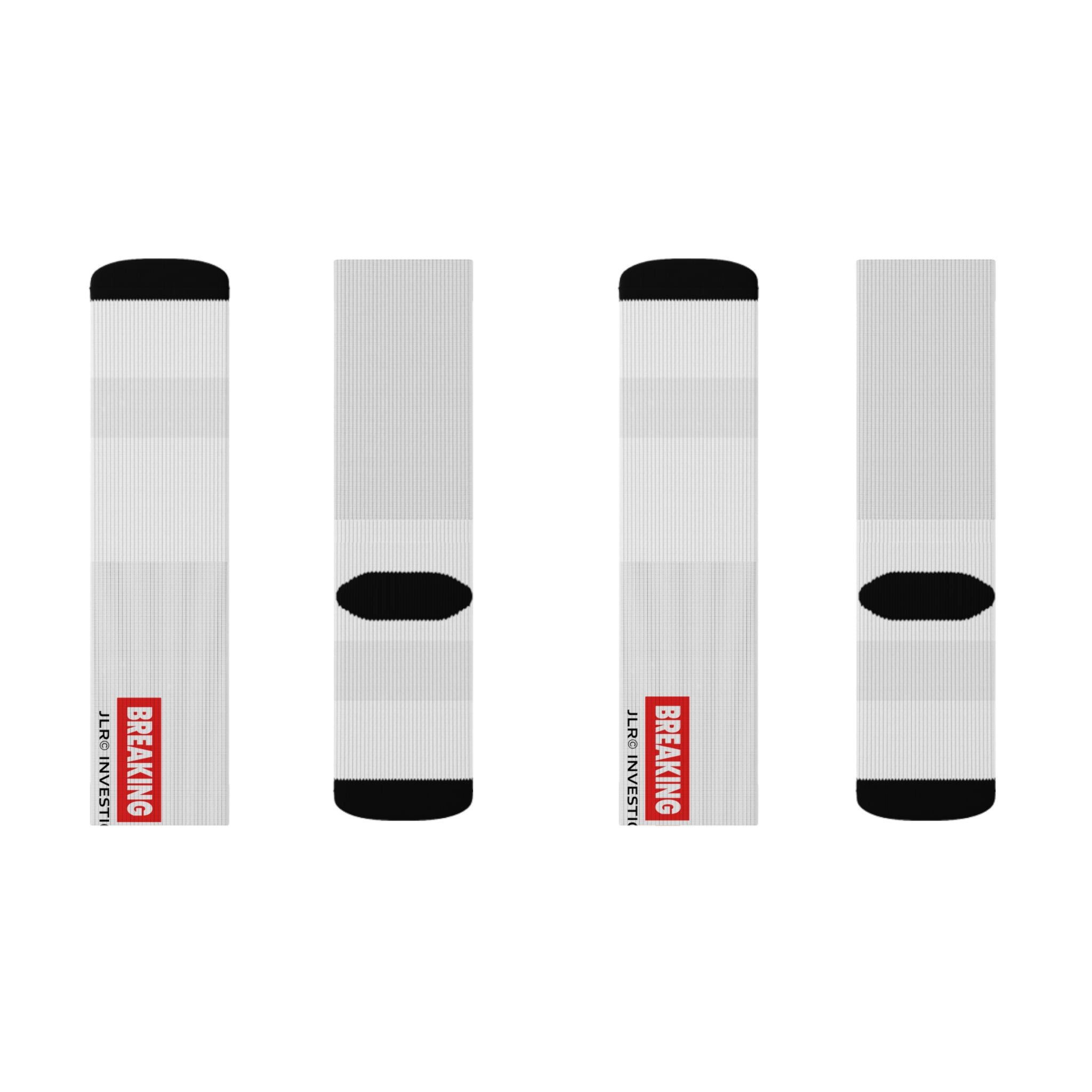 Breaking News Sublimation Socks — Novelty Crew Socks with "BREAKING NEWS: JLR© Investigates" Design