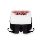 JLR© Investigates Logo Shoulder Backpack — close-up of graphic flap featuring bold red and black JLR© Investigates logo