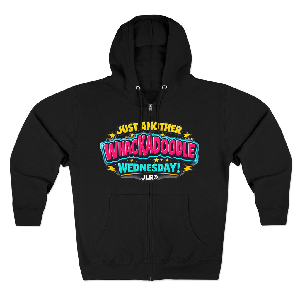 Black Whackadoodle Wednesday zip hoodie featuring colorful retro graphic with stars and JLR© branding