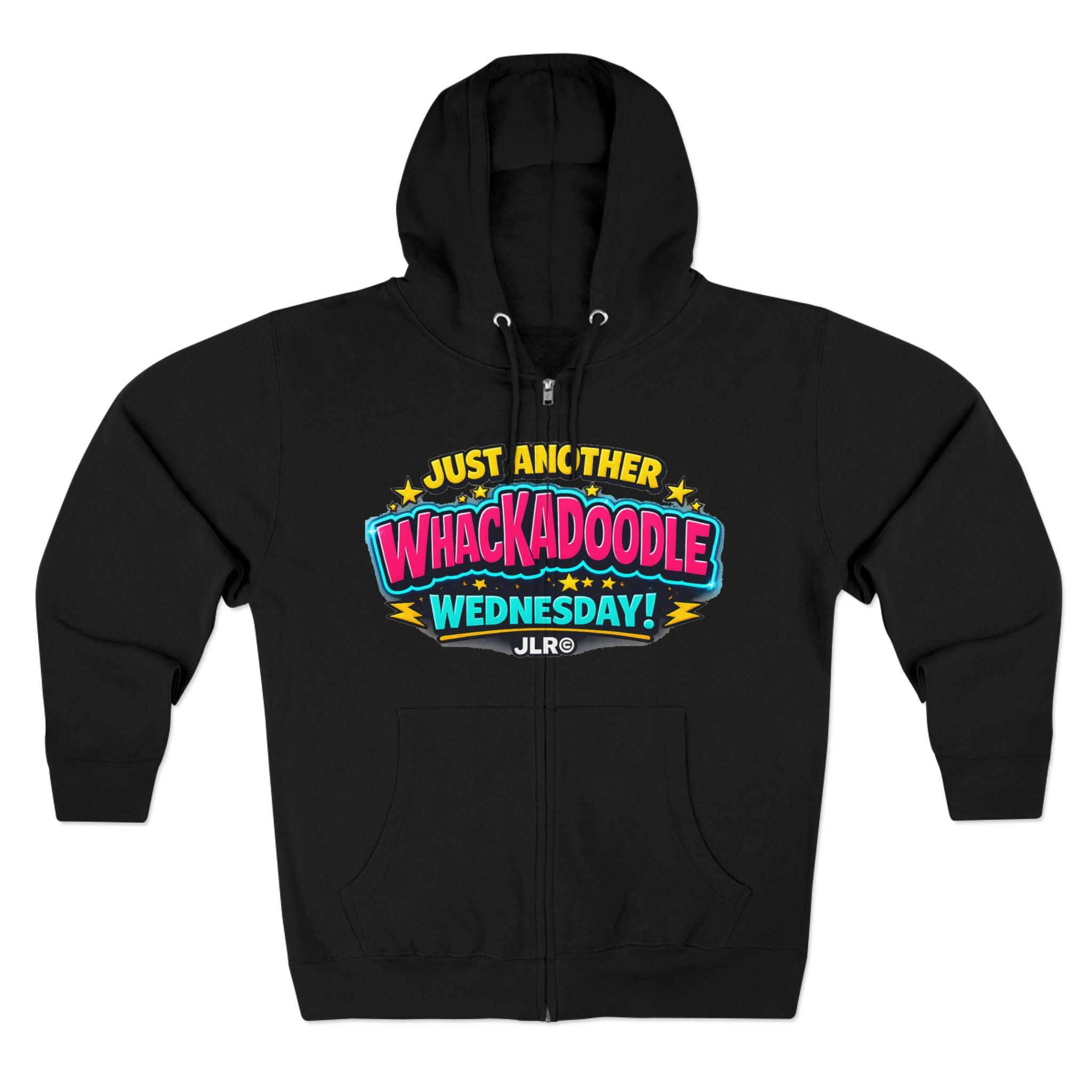 Black Whackadoodle Wednesday zip hoodie featuring colorful retro graphic with stars and JLR© branding