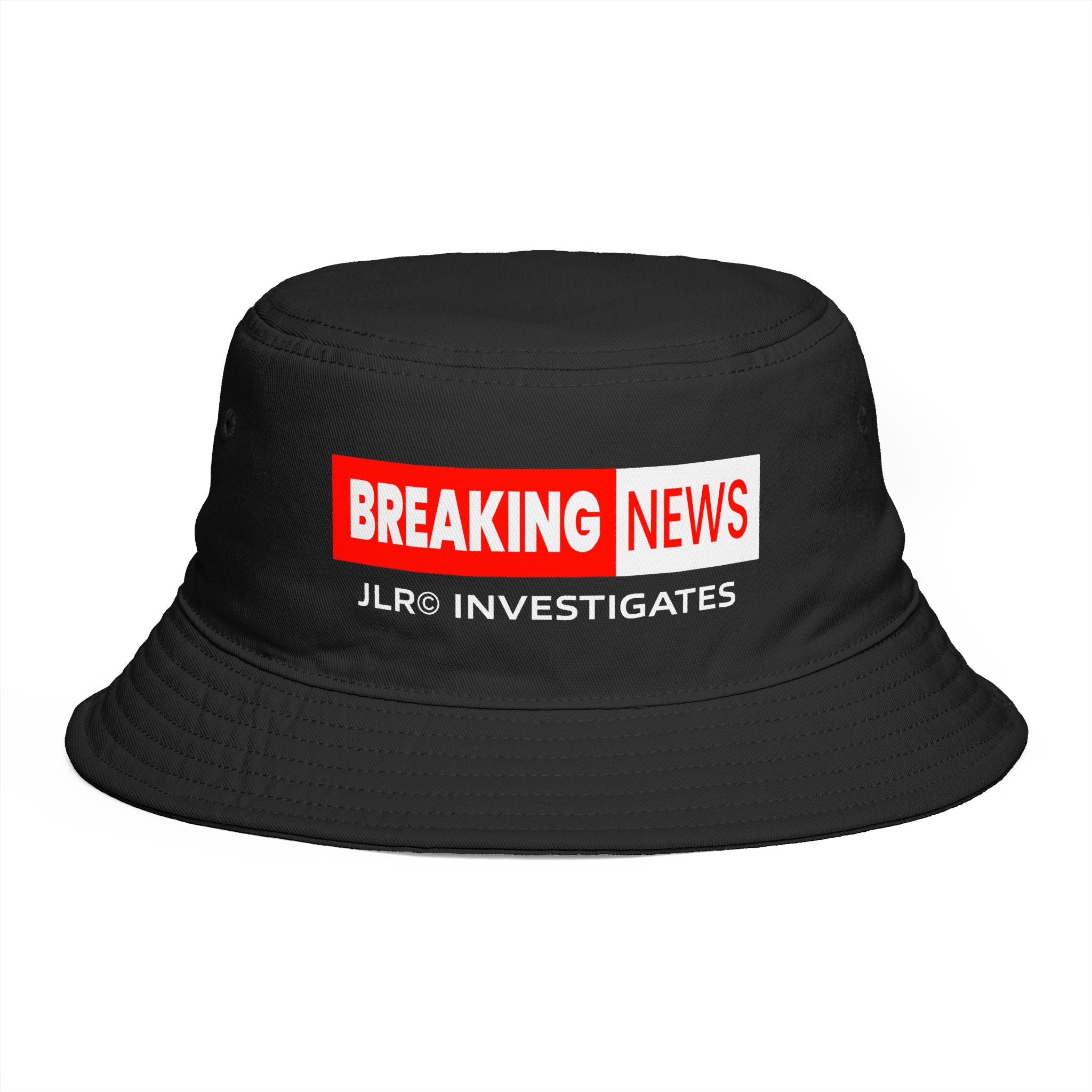 Breaking News Bucket Hat — "JLR© Investigates" Red Graphic News-Style Hat