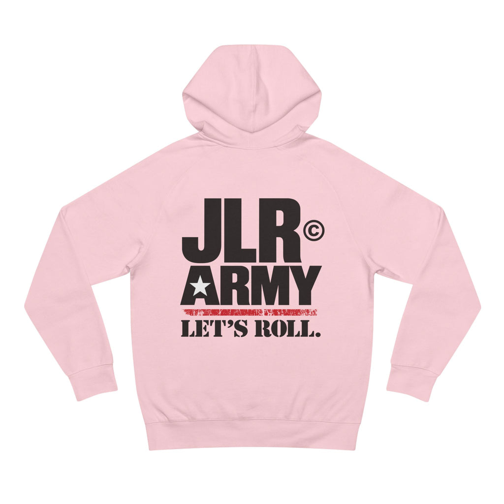 Pink JLR© Army hoodie with a large “Let’s Roll” back print.