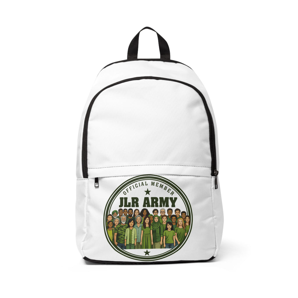 JLR Army Official Member backpack — bold circular badge with diverse group illustration — white nylon — JLR Investigates