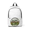 JLR Army Official Member backpack — bold circular badge with diverse group illustration — white nylon — JLR Investigates