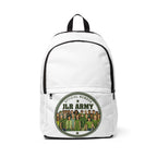 JLR Army Official Member backpack — bold circular badge with diverse group illustration — white nylon — JLR Investigates