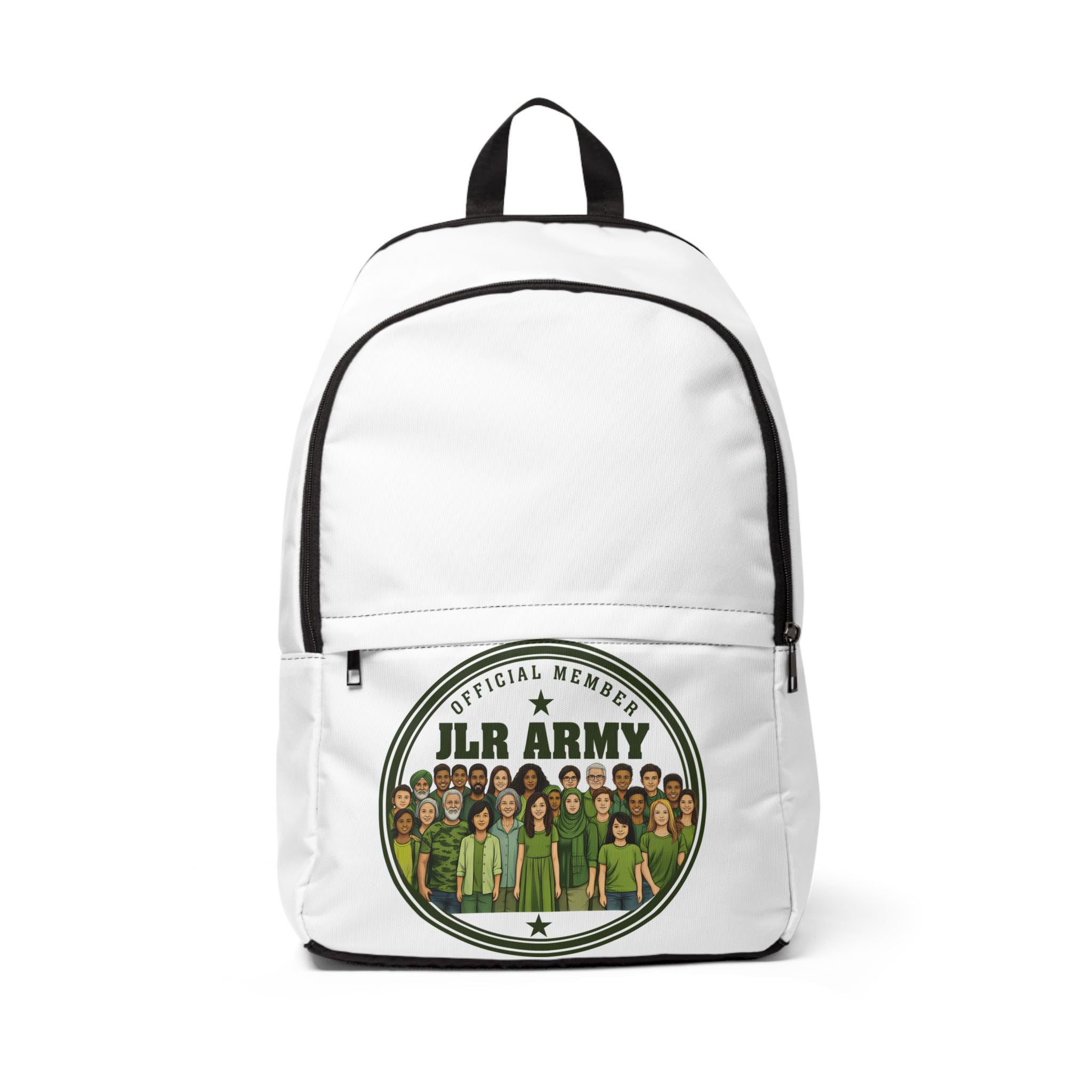 JLR Army Official Member backpack — bold circular badge with diverse group illustration — white nylon — JLR Investigates