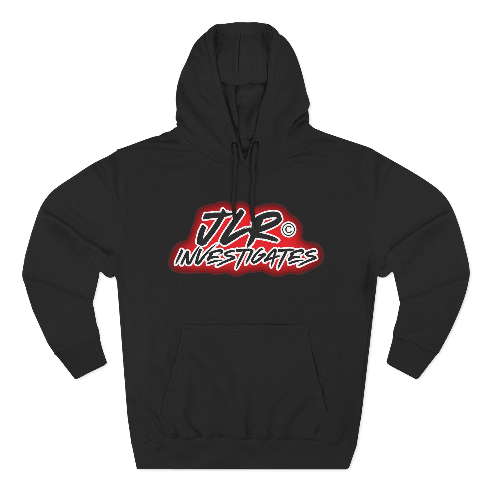 JLR© Bold Logo Hoodie in Black — graffiti-style JLR Investigates graphic on a pullover hoodie with kangaroo pocket and adjustable drawstring hood