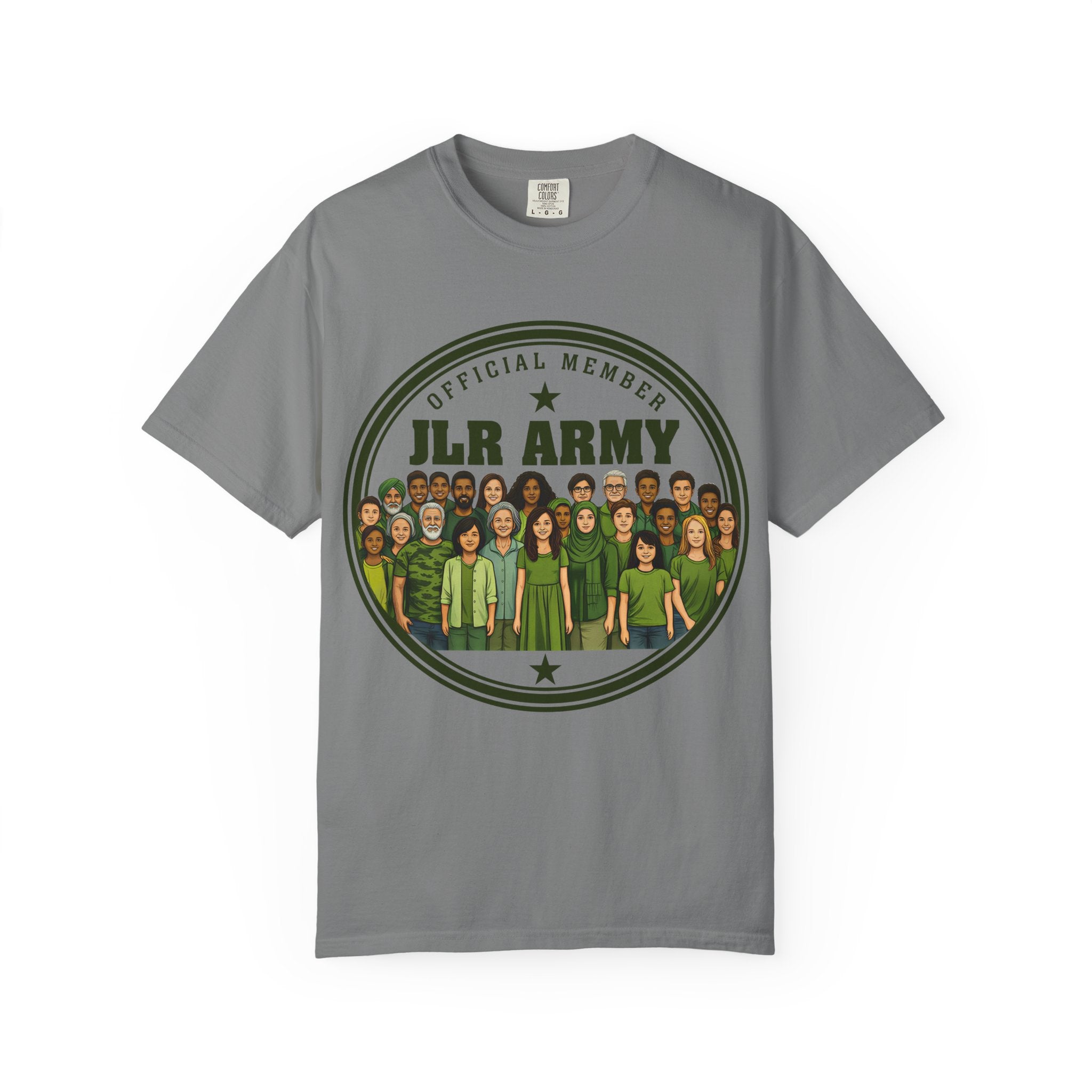 Gray t-shirt with 'ILR Army' graphic on a white background