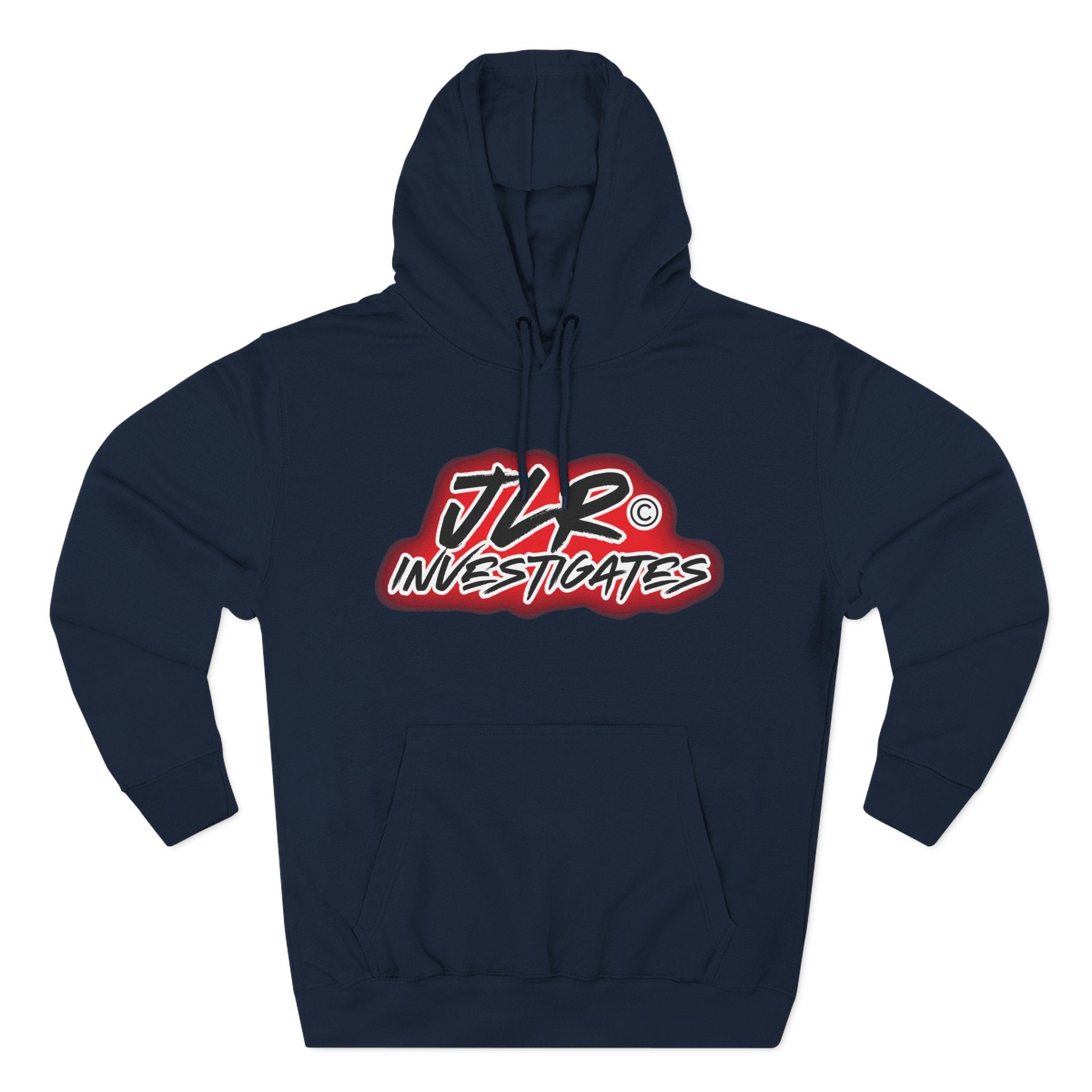 JLR© Bold Logo Hoodie in Navy Blue — graffiti-style JLR Investigates graphic on a pullover hoodie with kangaroo pocket and adjustable drawstring hood