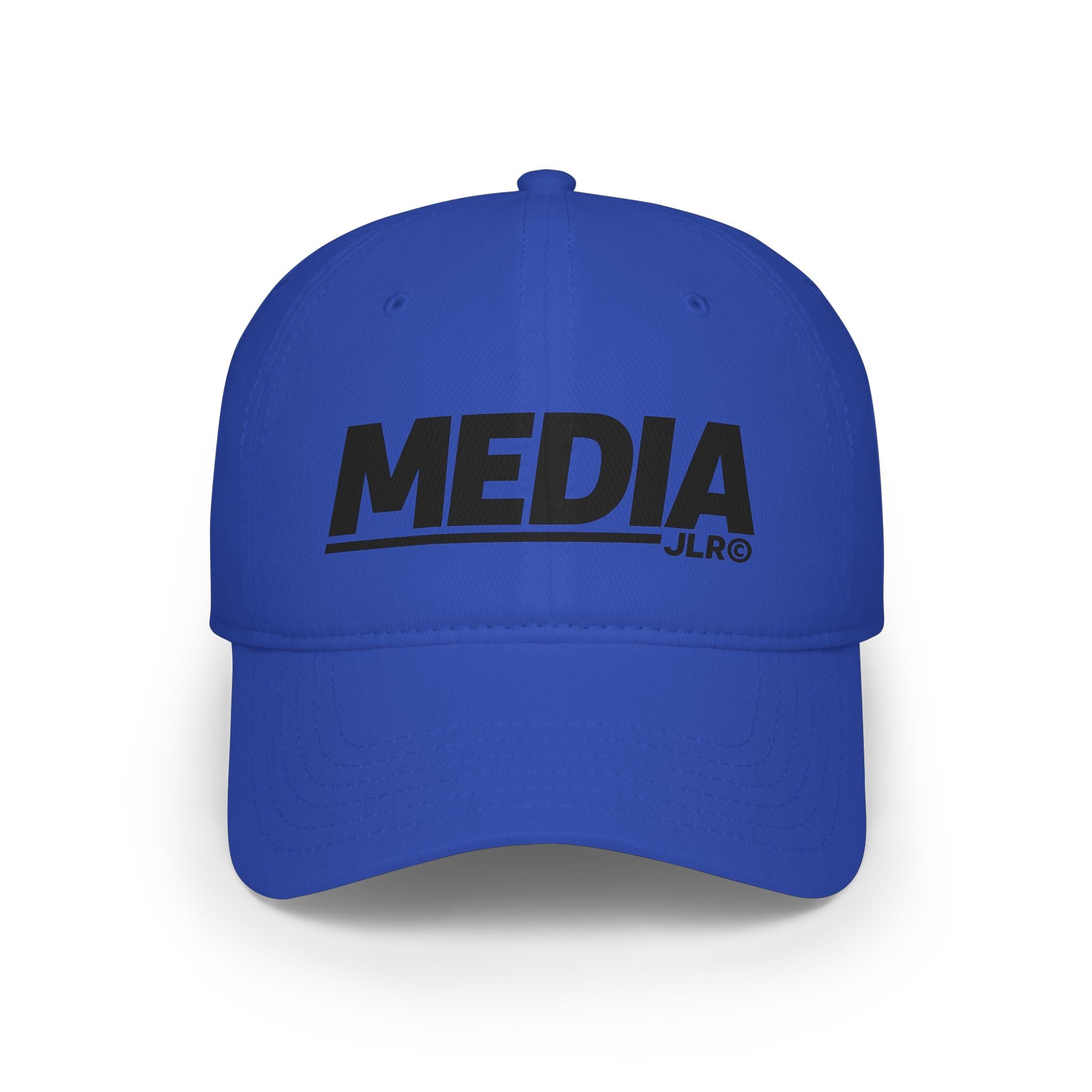 Media baseball cap in royal blue with bold black MEDIA logo, front view — JLR Investigates