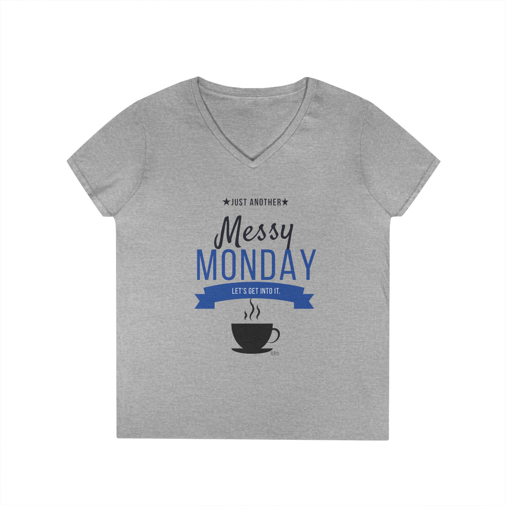 JLR© Messy Monday gray v-neck t-shirt with bold blue "Messy Monday" graphic, steaming coffee cup icon, and "Just Another... Let's Get Into It" text — investigative lifestyle tee for the JLR© Army