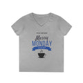 JLR© Messy Monday gray v-neck t-shirt with bold blue "Messy Monday" graphic, steaming coffee cup icon, and "Just Another... Let's Get Into It" text — investigative lifestyle tee for the JLR© Army