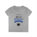 JLR© Messy Monday gray v-neck t-shirt with bold blue "Messy Monday" graphic, steaming coffee cup icon, and "Just Another... Let's Get Into It" text — investigative lifestyle tee for the JLR© Army