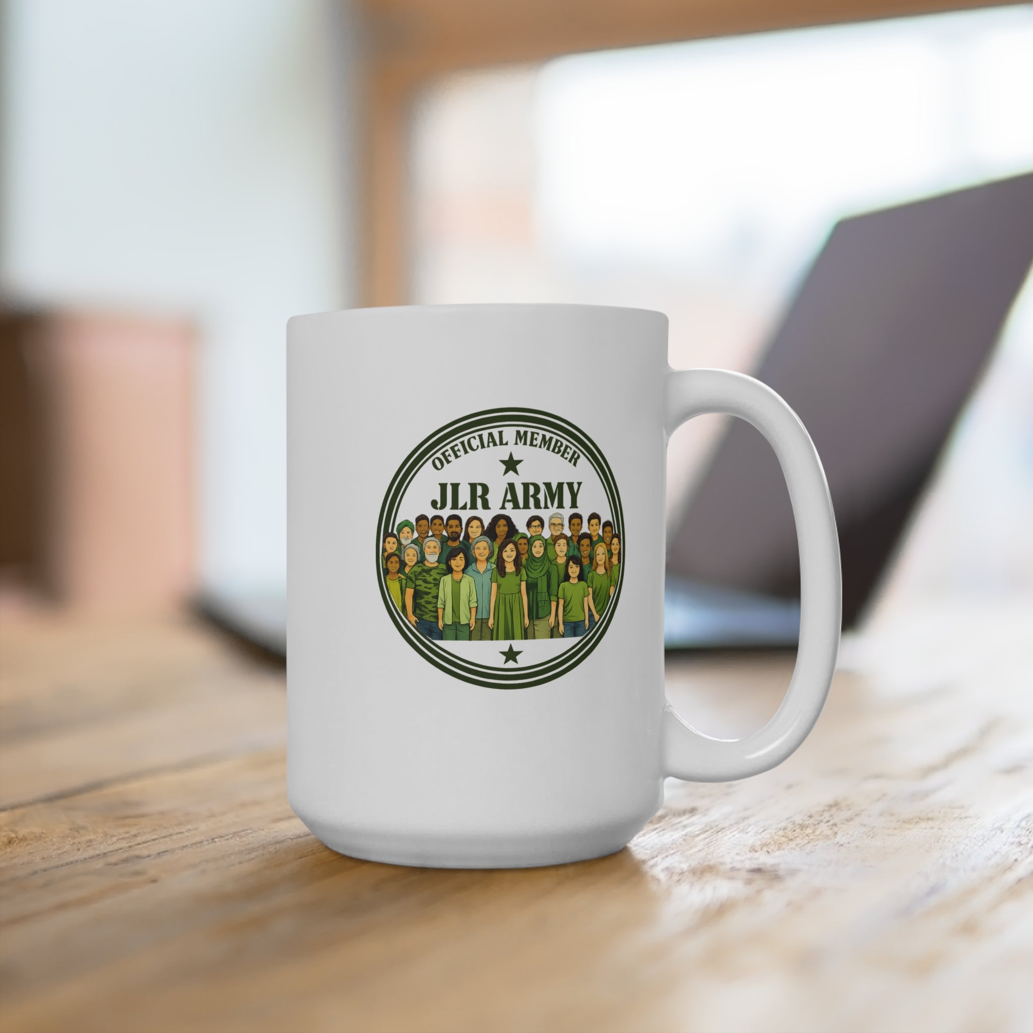 JLR© Army Official Member mug with circular seal graphic in lifestyle desk setting