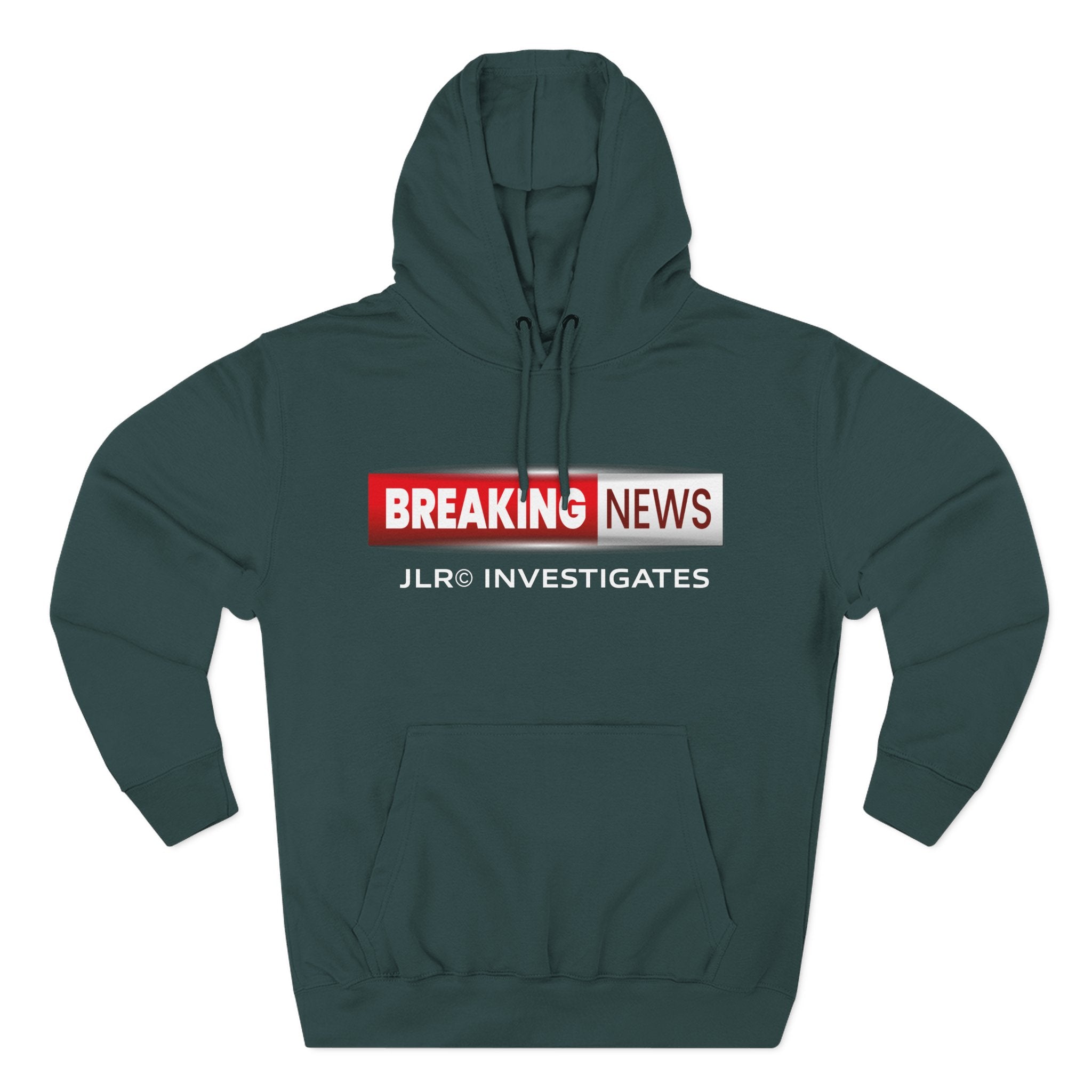 Sports Green premium hoodie featuring the JLR© Investigates Breaking News logo graphic on the chest