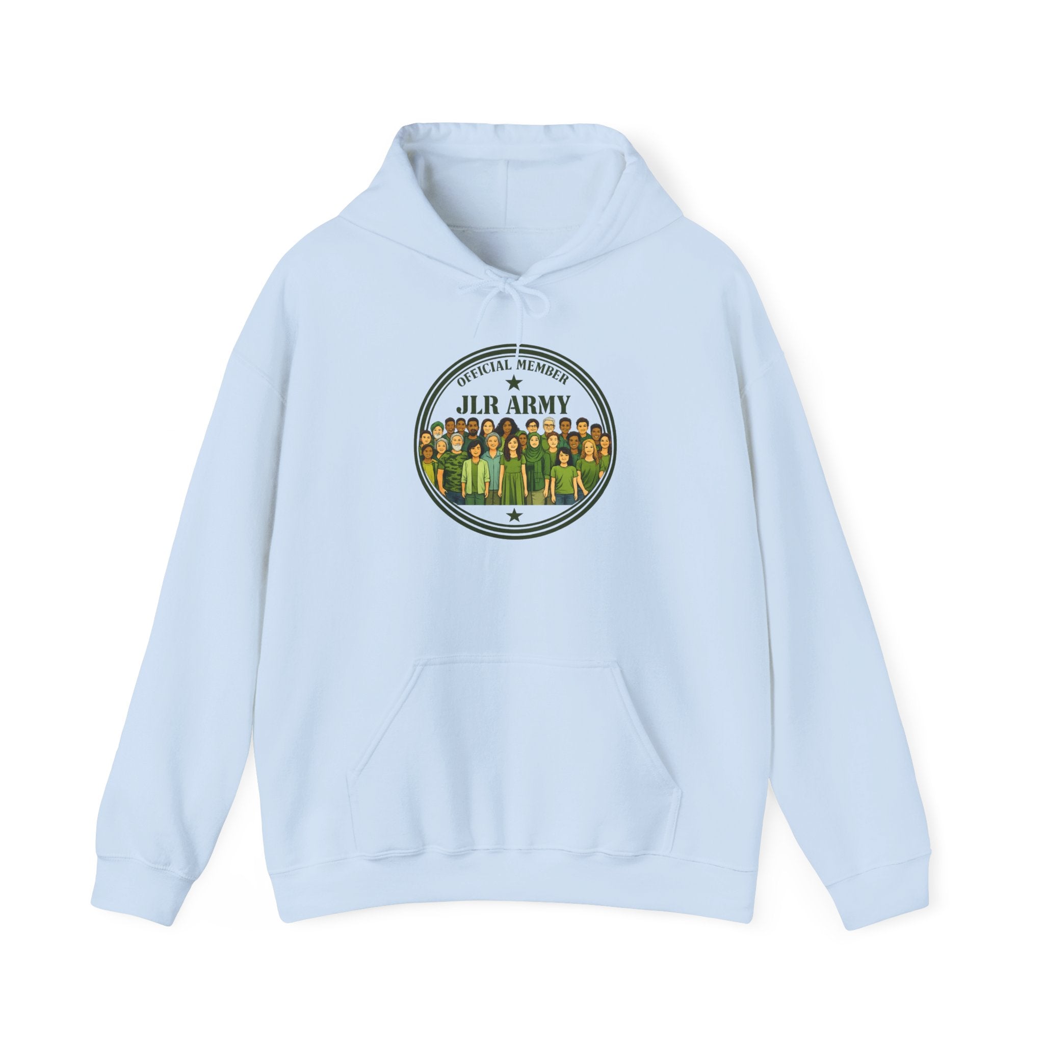 Light blue premium hoodie featuring the JLR© Army circular badge graphic with diverse illustrated figures on the chest