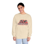 Woman wearing Sand long sleeve unisex t-shirt featuring bold 'JLR© Investigates' graffiti-style logo in red, white, and black