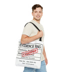 Man carrying the JLR© Evidence Tote Bag over his shoulder, showing real-world size and everyday carry use