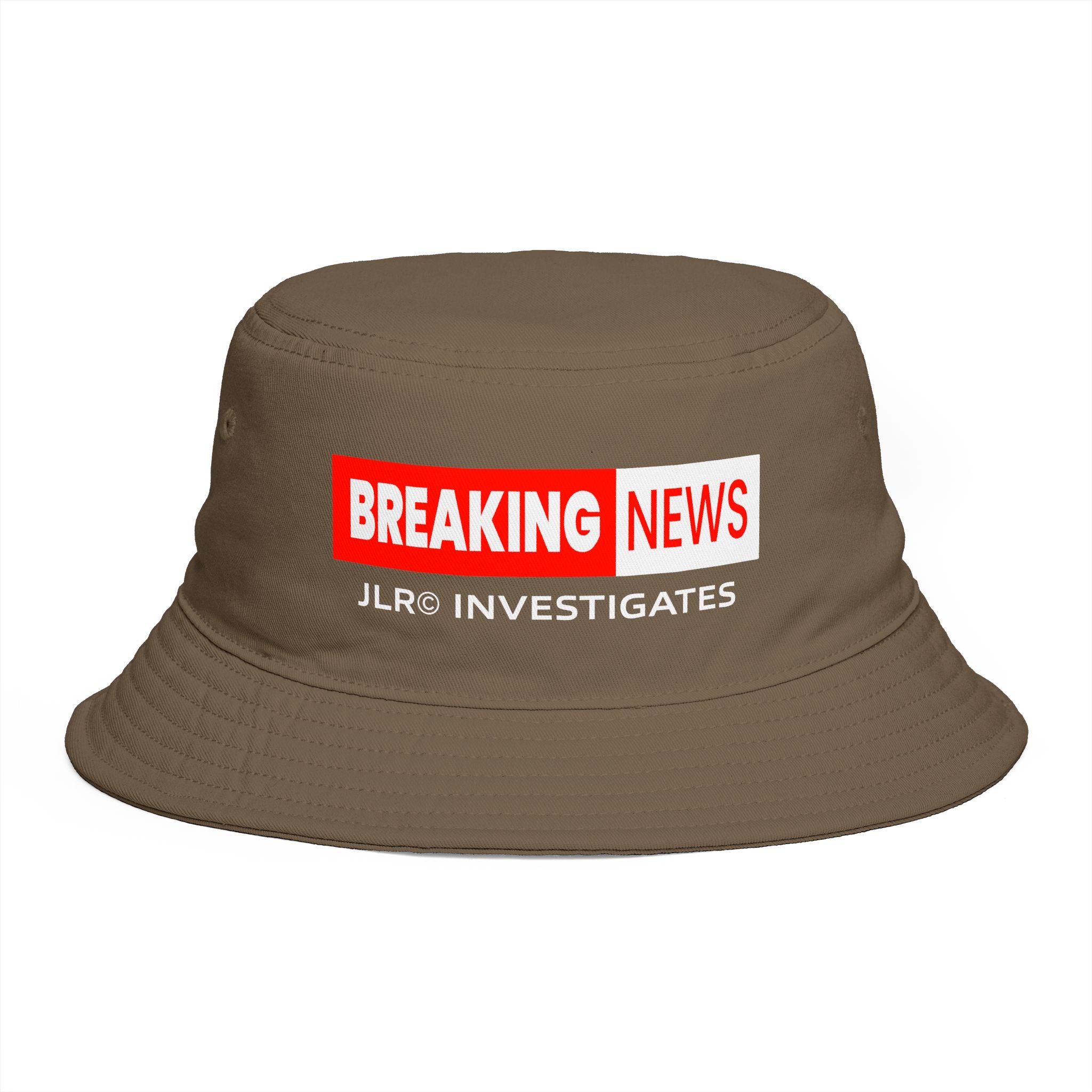 Breaking News Bucket Hat — "JLR© Investigates" Red Graphic News-Style Hat