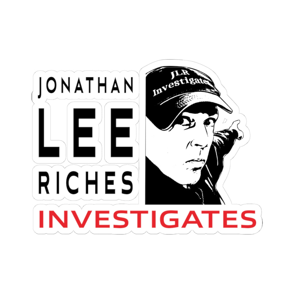 Jonathan Lee Riches Investigates kiss-cut sticker with bold black and red text and illustrated portrait on white background
