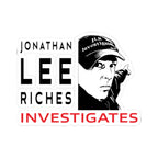Jonathan Lee Riches Investigates kiss-cut sticker with bold black and red text and illustrated portrait on white background
