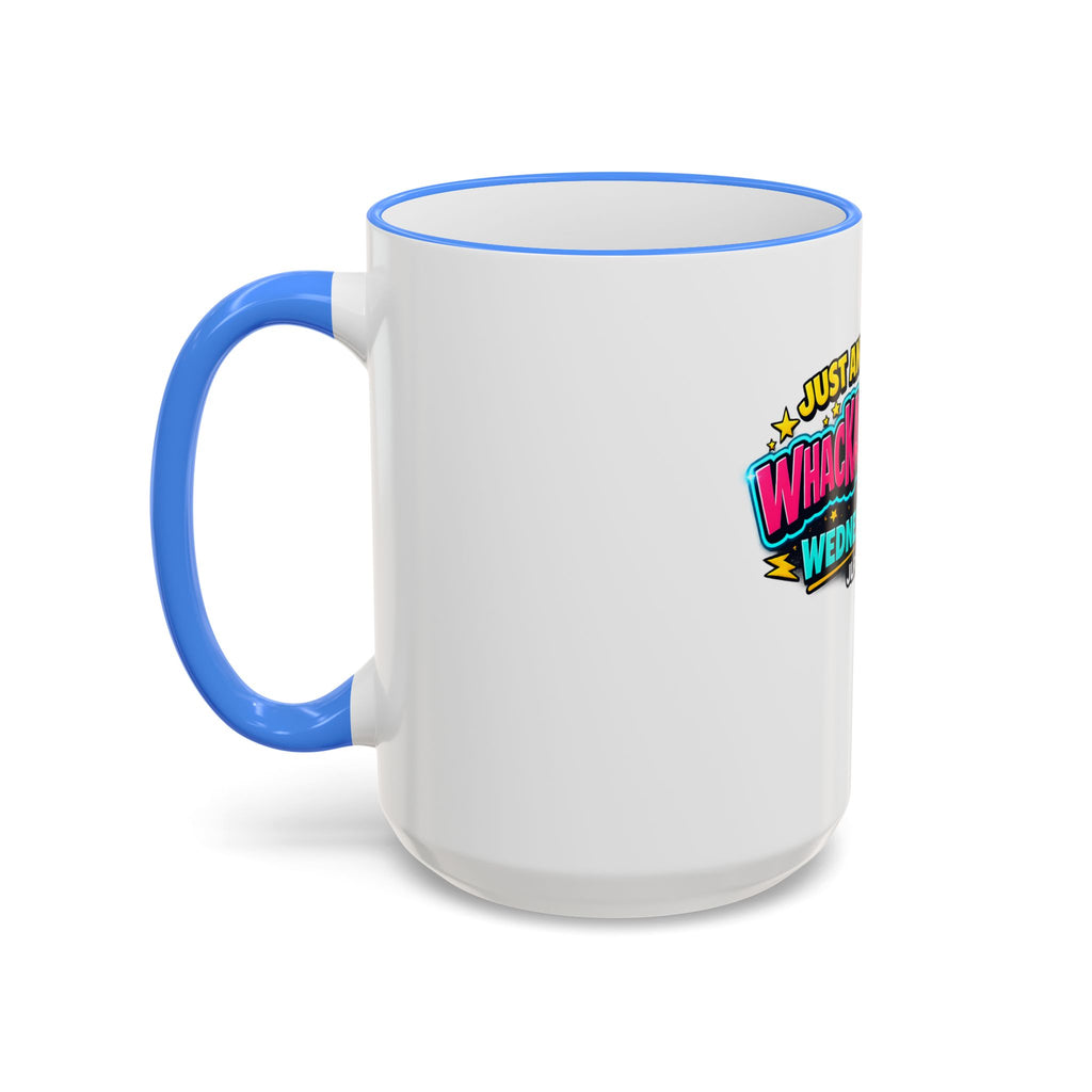 Whackadoodle Wednesday 15oz white ceramic coffee mug with blue rim and handle and bold graphic print — JLR Investigates