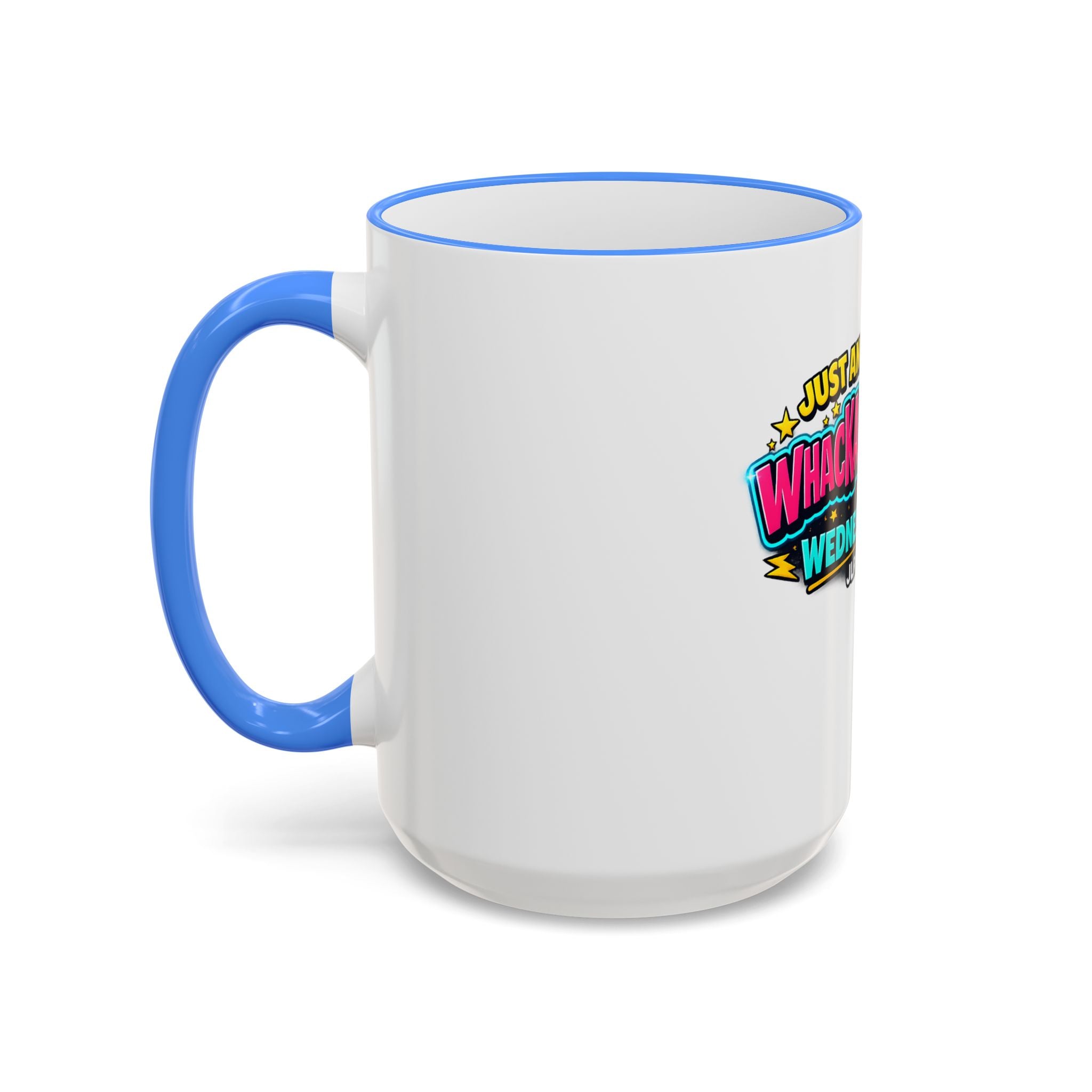 Whackadoodle Wednesday 15oz white ceramic coffee mug with blue rim and handle and bold graphic print — JLR Investigates