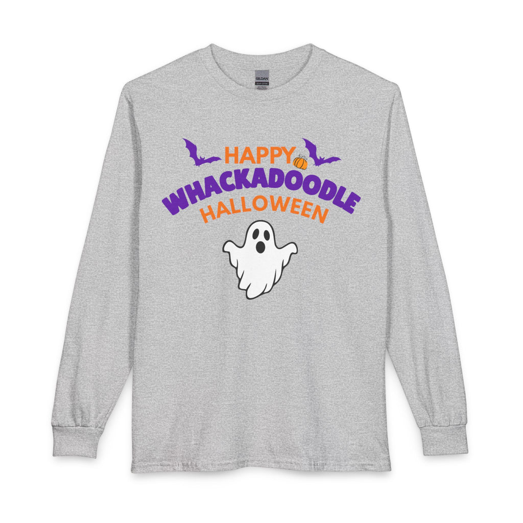 Whackadoodle Halloween Long Sleeve T-Shirt in Sport Grey — front view with Happy Halloween ghost graphic
