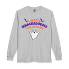 Whackadoodle Halloween Long Sleeve T-Shirt in Sport Grey — front view with Happy Halloween ghost graphic