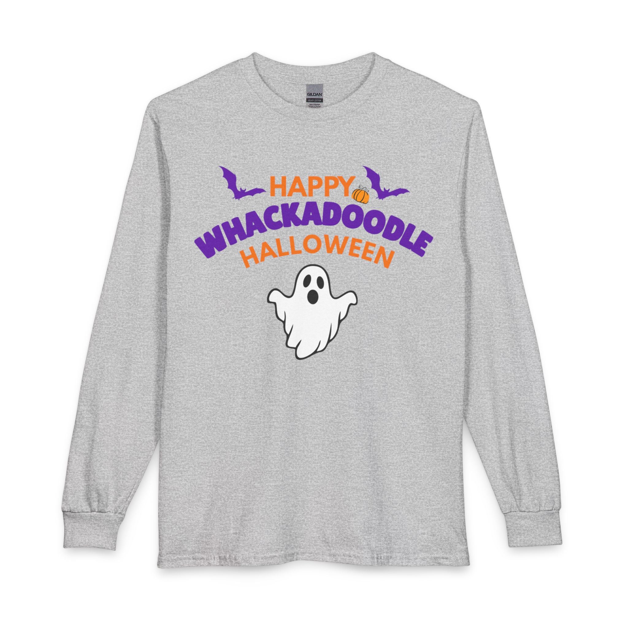 Whackadoodle Halloween Long Sleeve T-Shirt in Sport Grey — front view with Happy Halloween ghost graphic