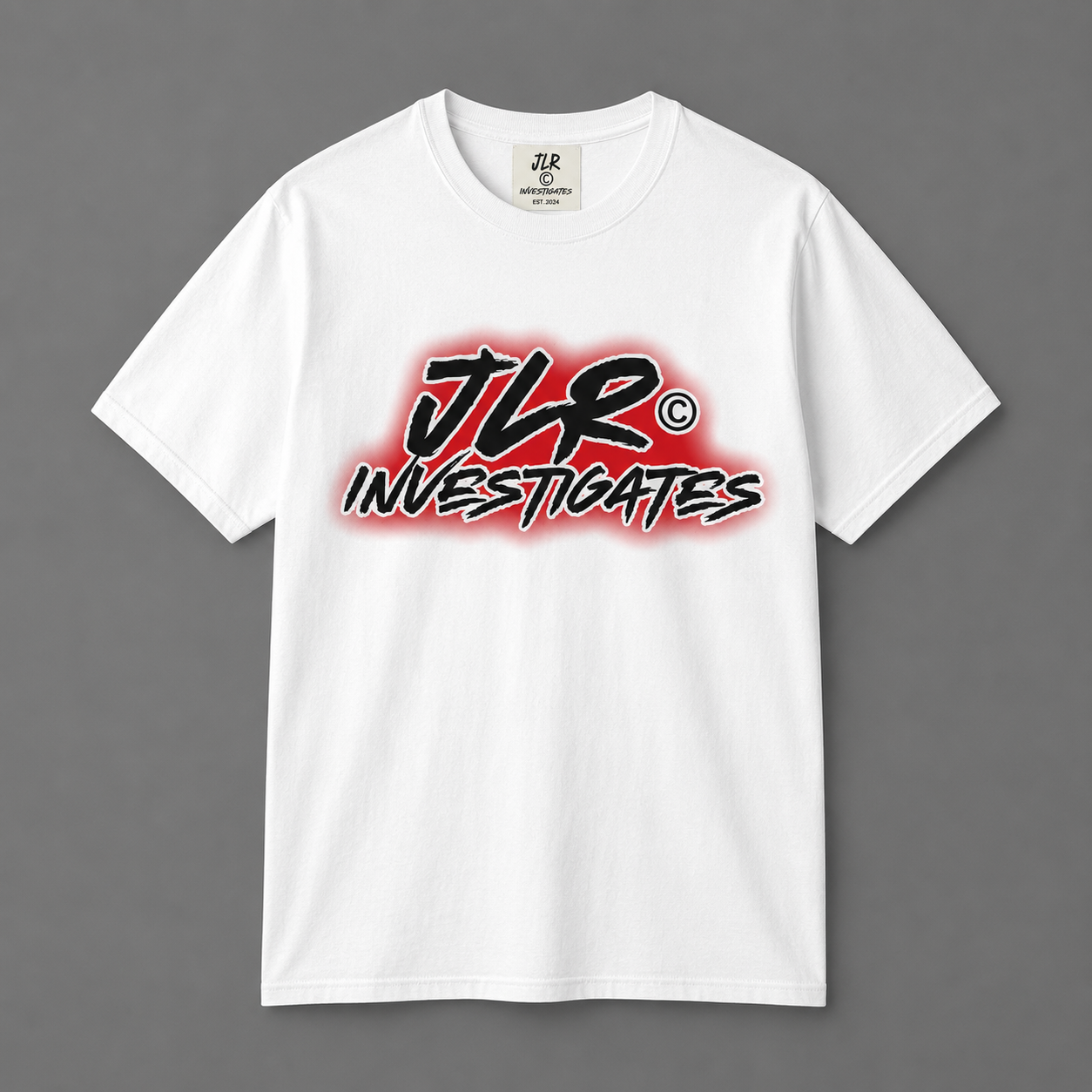 JLR© Investigates t-shirt in White — front graphic view