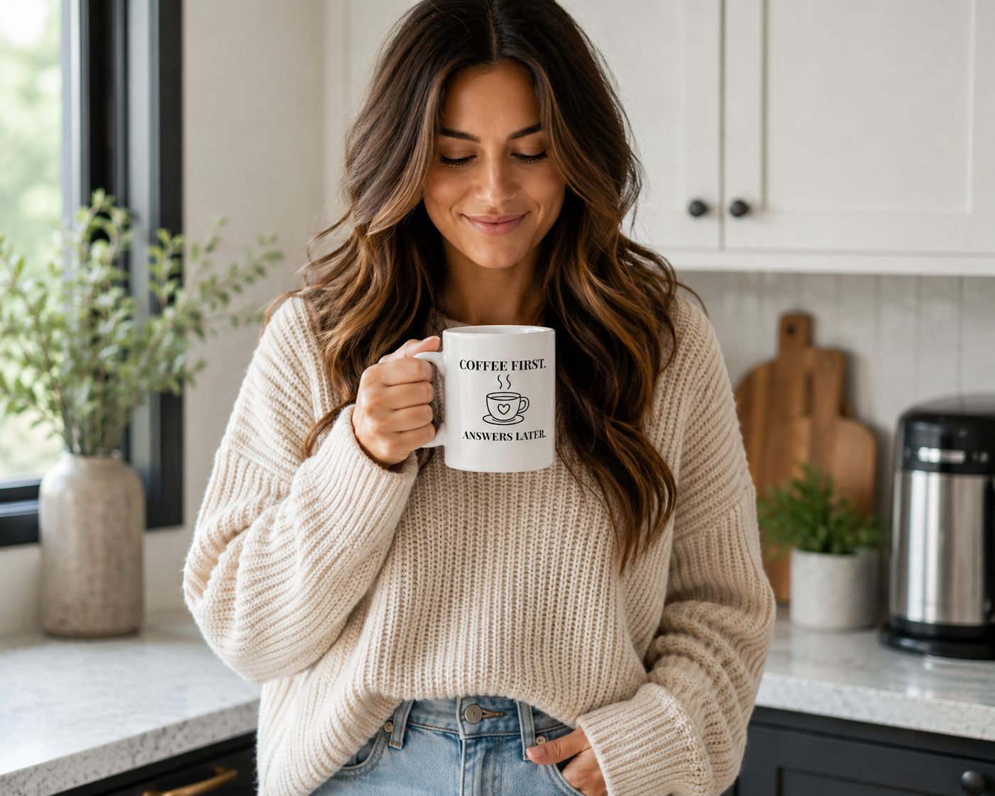 Woman holding Coffee First. Answers Later. white ceramic mug — JLR© Army lifestyle