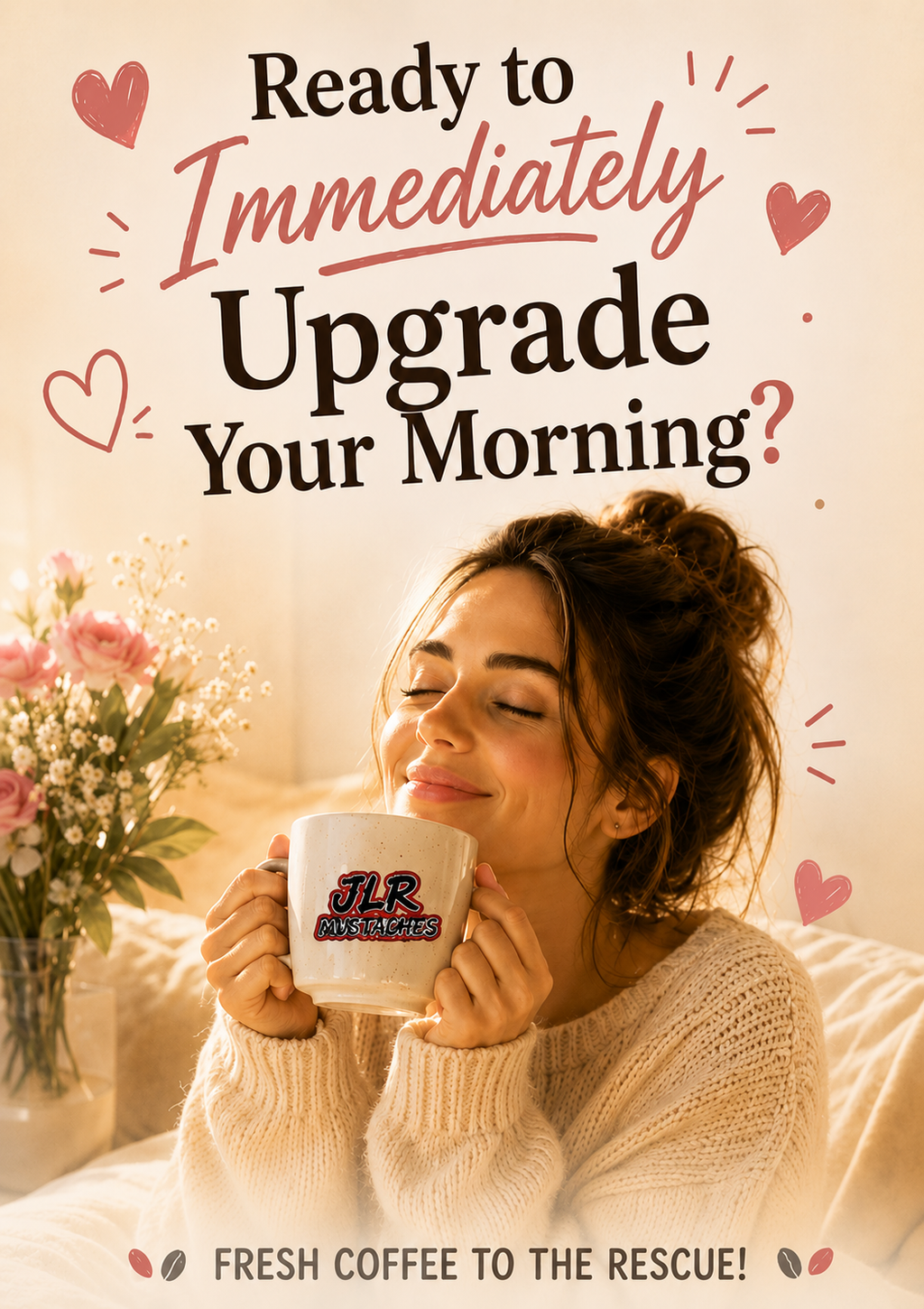 Ready to Immediately Upgrade Your Morning — woman smiling peacefully and holding a coffee cup, JLR Investigates Boots on the Grounds lifestyle image
