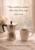 The world is softer after the first cup — moka pot and white coffee mugs on a table, cozy morning lifestyle scene, Boots on the Grounds