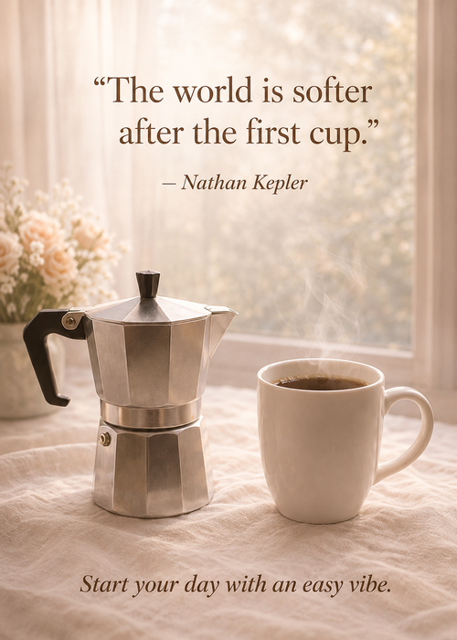 The world is softer after the first cup — moka pot and white coffee mugs on a table, cozy morning lifestyle scene, Boots on the Grounds