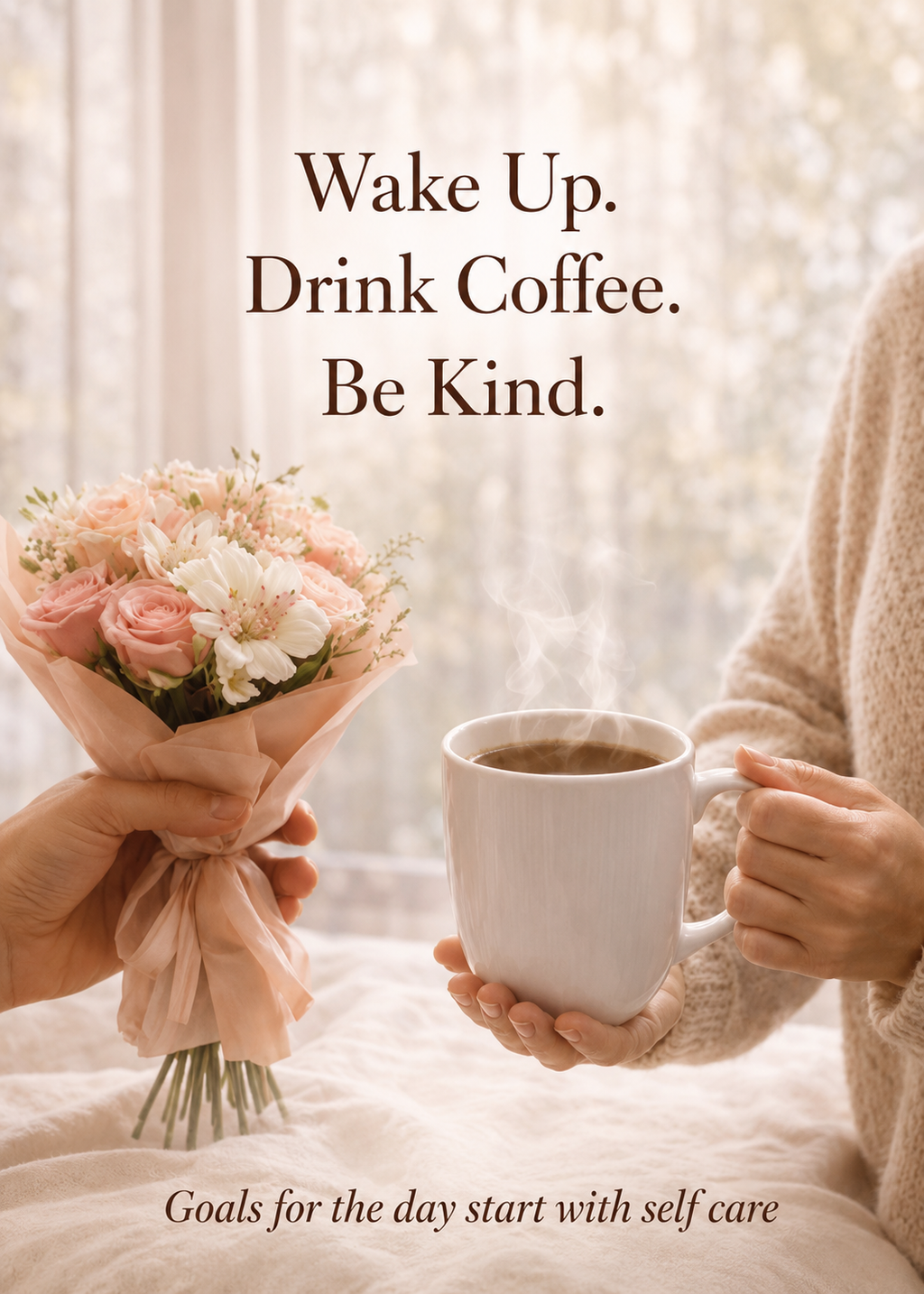Wake Up, Drink Coffee, Be Kind — close-up of hands holding a white coffee cup, JLR Investigates Boots on the Grounds lifestyle image