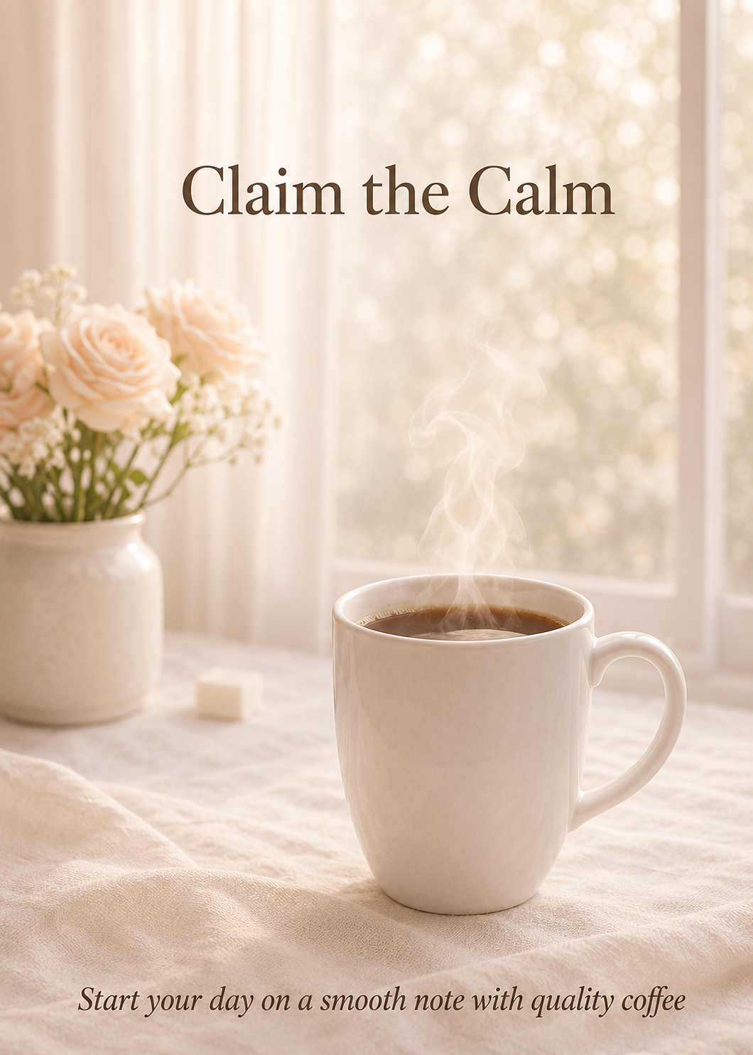 Claim the Calm — elegant white coffee cup on a bright table, soft lifestyle scene, Boots on the Grounds