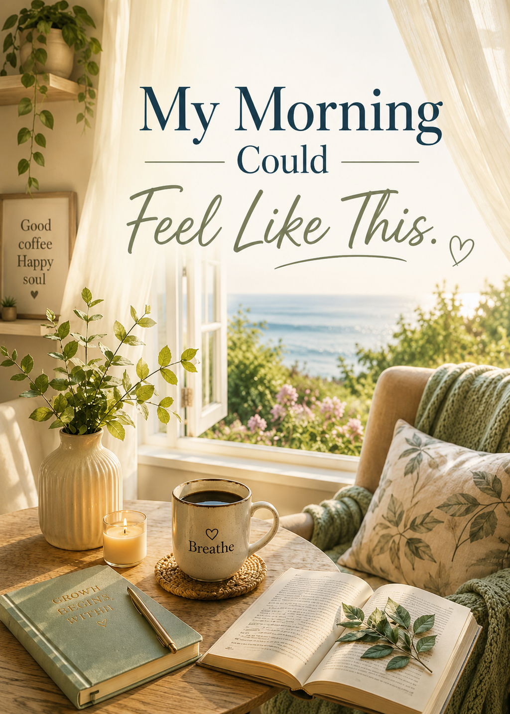 My Morning Could Feel Like This — bright morning lifestyle scene with coffee and open book, JLR Investigates Boots on the Grounds branding
