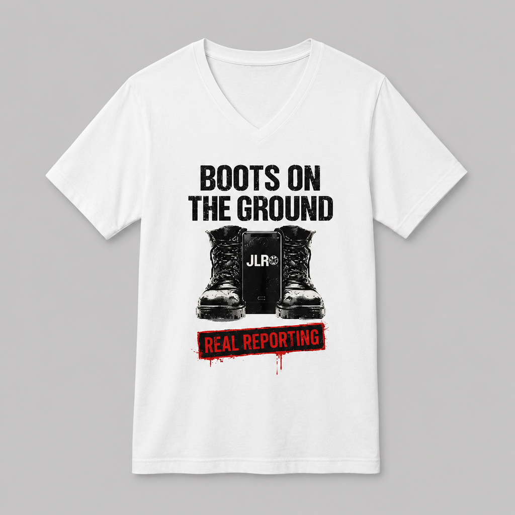White unisex t-shirt with bold black graphic reading 'Boots on the Ground' featuring a boot graphic and JLR Investigates branding
