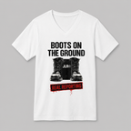White unisex t-shirt with bold black graphic reading 'Boots on the Ground' featuring a boot graphic and JLR Investigates branding
