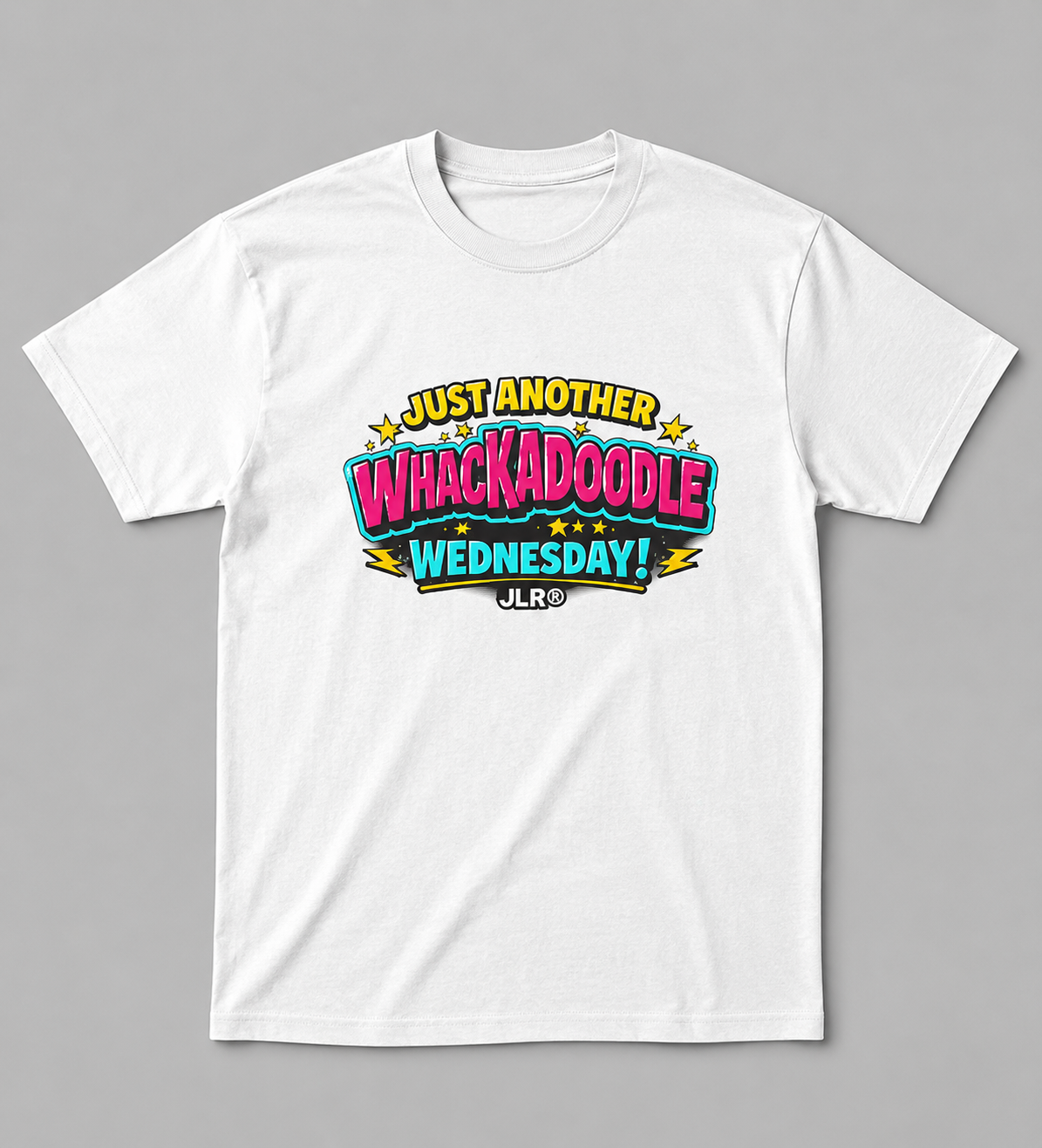 White Whackadoodle Wednesday graphic t-shirt — JLR Investigates unisex bold retro tee